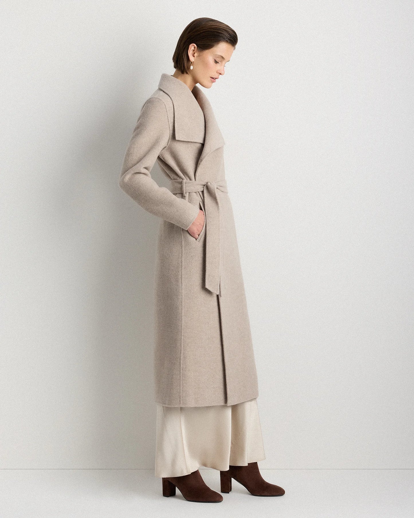 Double-Faced Merino Wool Draped Collar Wrap Coat - XS / Oat