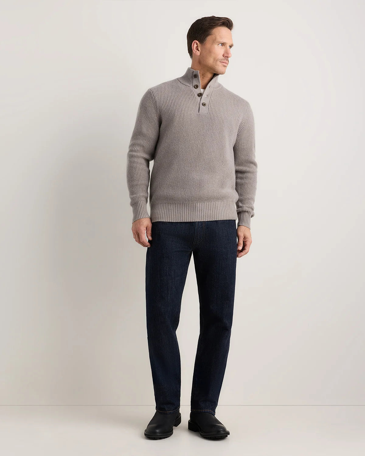 Mongolian Cashmere Waffle Quarter Button Sweater - S / Elk Brown