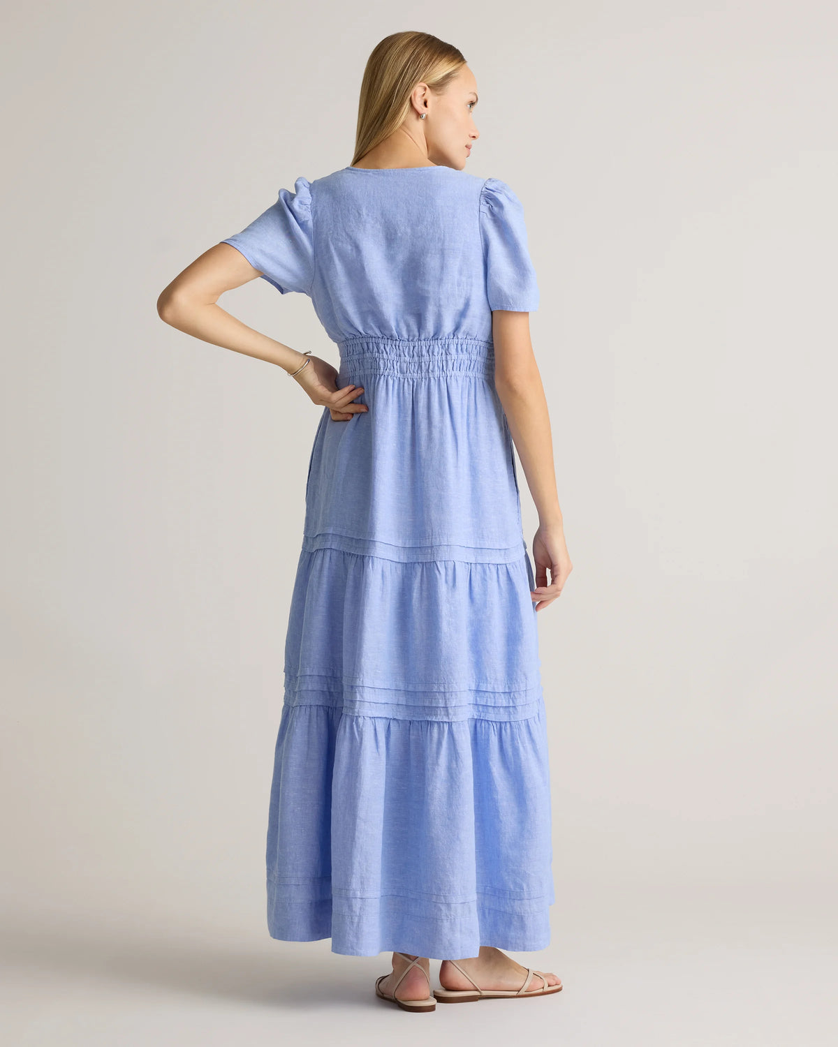 100% European Linen Tiered Maxi Dress - XS / Ivory Porcelain Blue Petite Floral