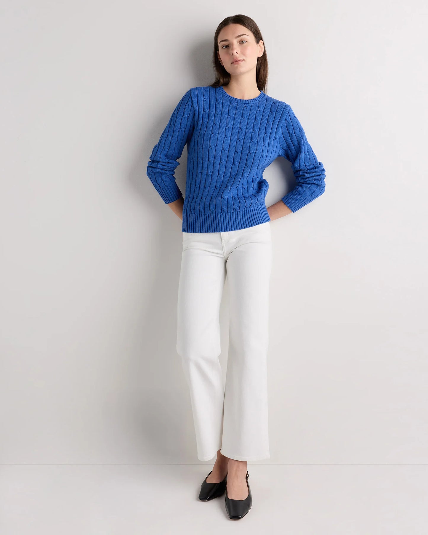 100% Organic Cotton Cable Crewneck Sweater - XS / Sapphire Blue
