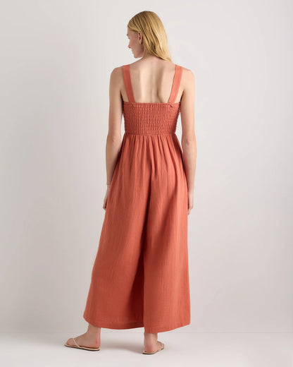 100% Organic Cotton Gauze Smocked Wide Leg Jumpsuit - XS / Spiced Orange