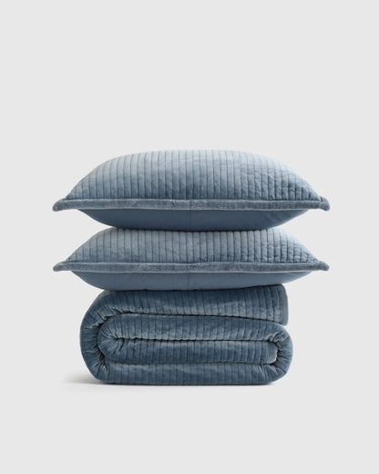Cotton Velvet Channel Quilt Set - Full/Queen / Glacier Blue