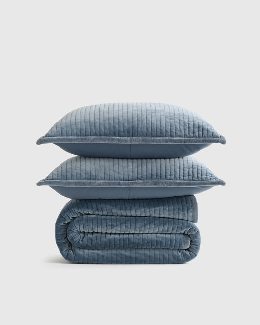 Cotton Velvet Channel Quilt Set - Full/Queen / Glacier Blue