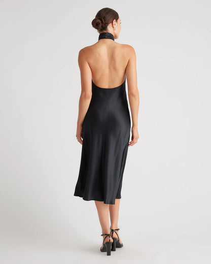 100% Washable Silk Twist Halter Midi Dress - XS / Black