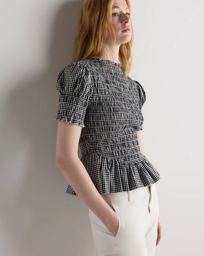 Cotton Viscose Voile Smocked Peplum Top - XS / Classic Mini Gingham