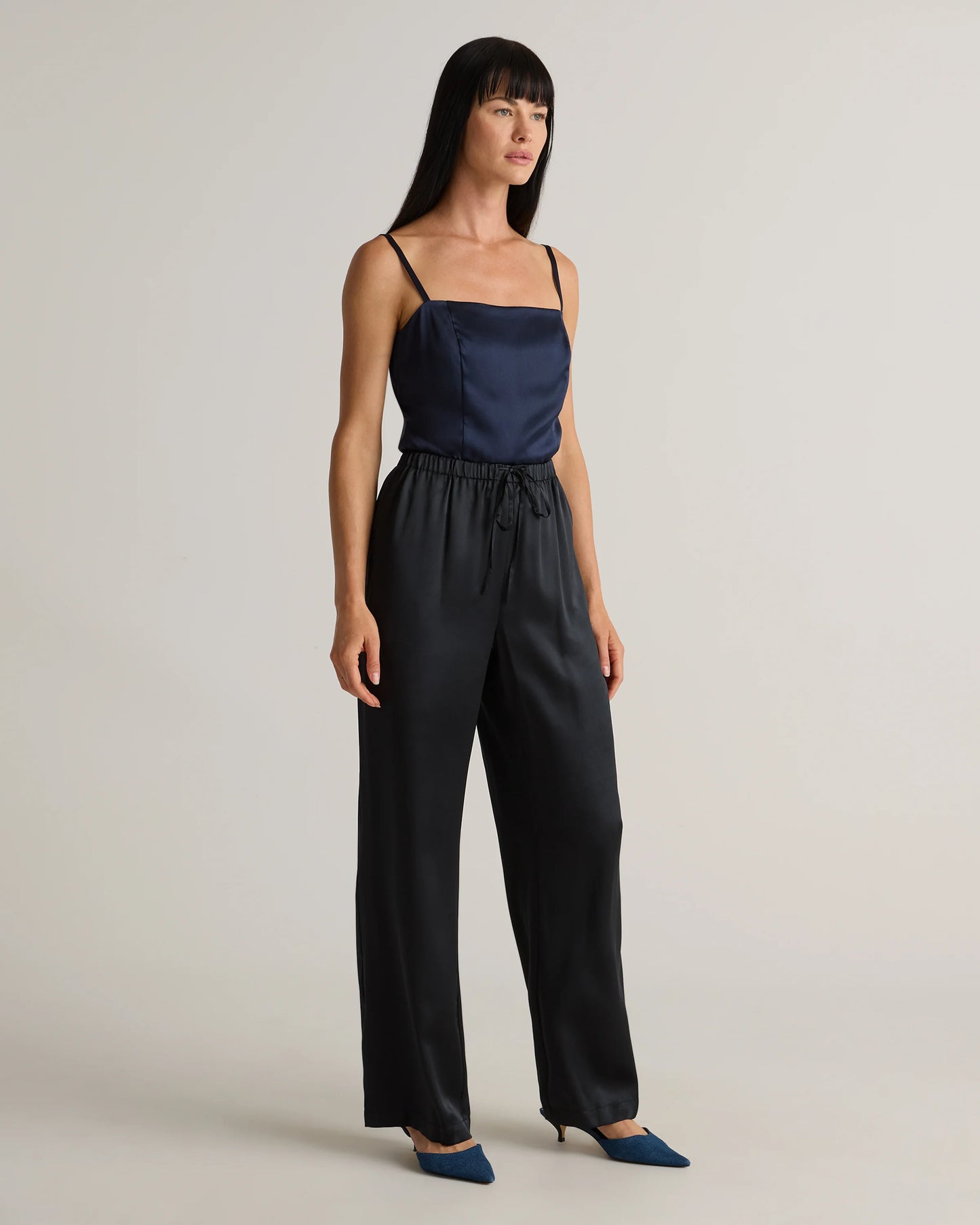 100% Washable Silk Drawstring Wide Leg Pants - XS / Black