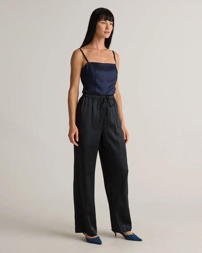 100% Washable Silk Drawstring Wide Leg Pants - XS / Black