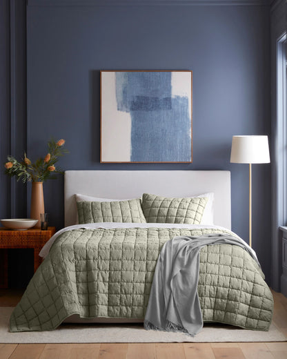European Linen Box Quilt Set - Twin / Dusty Olive