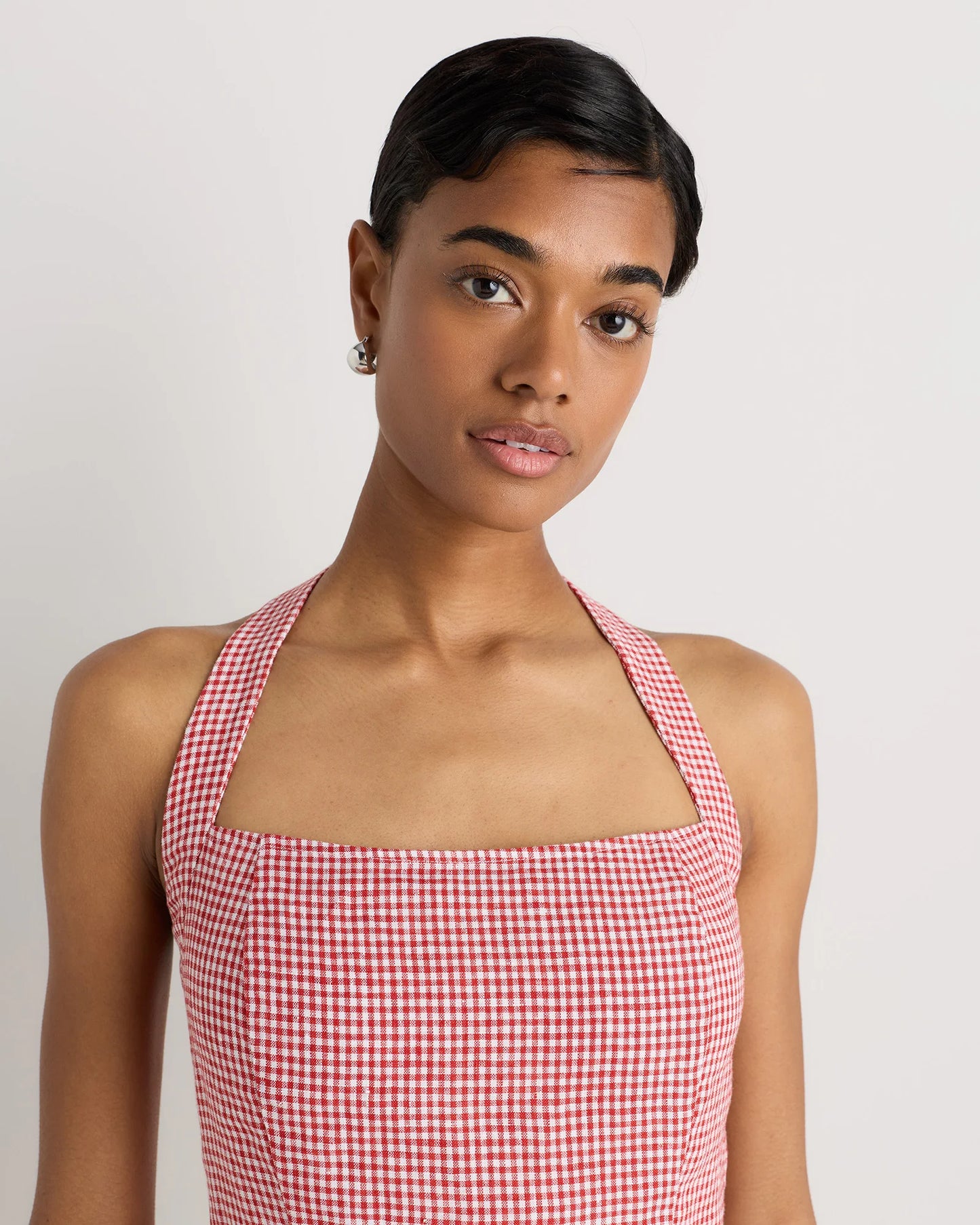 100% European Linen Halter Top - XS / Red Classic Mini Gingham