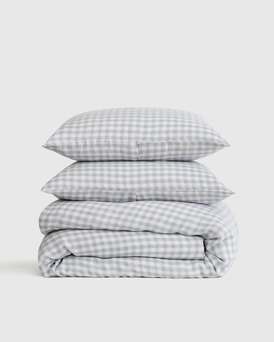 European Linen Gingham Duvet Cover Set - Twin / Blue Fog