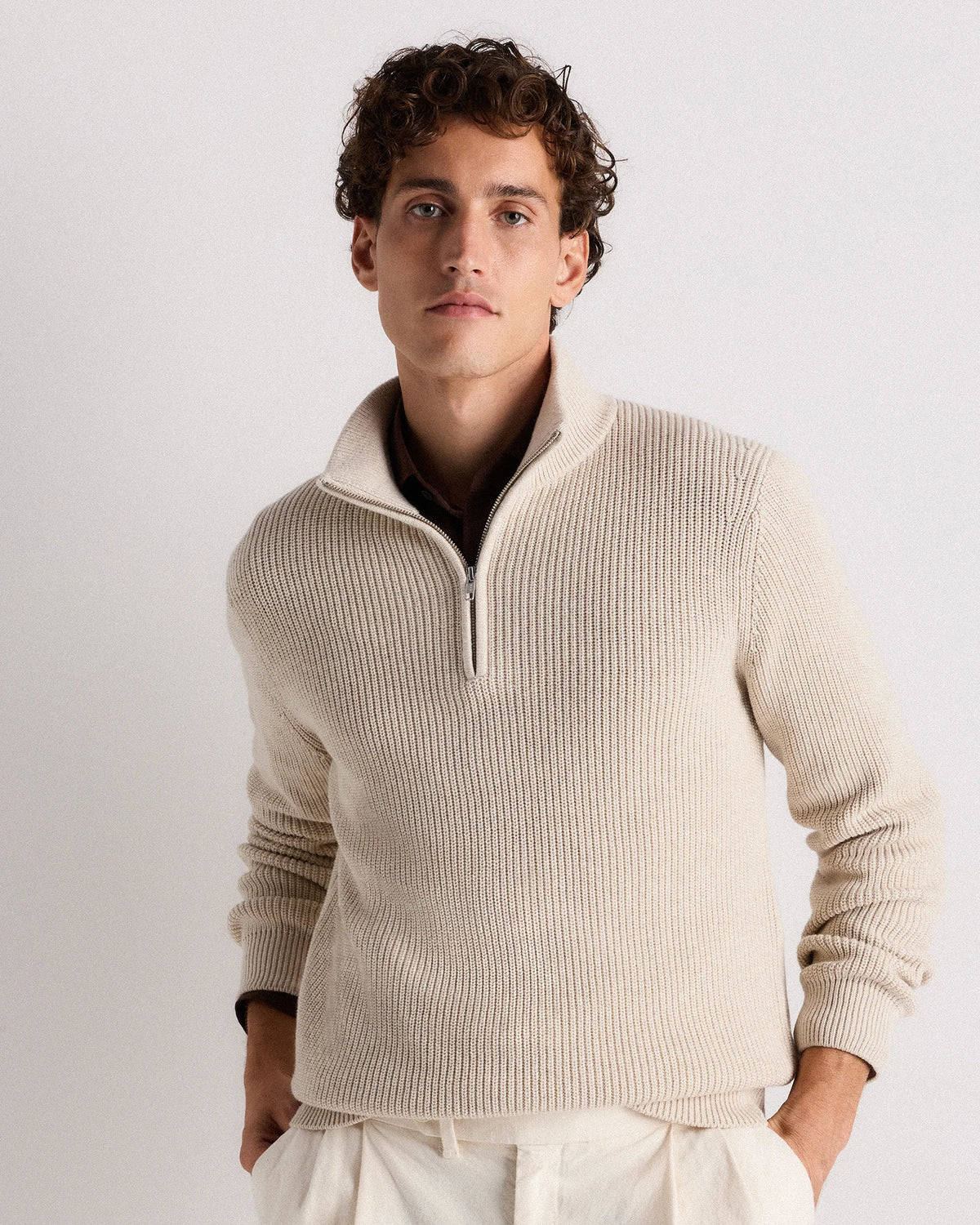 100% Organic Cotton Ribbed Quarter-Zip Sweater - S / Navy
