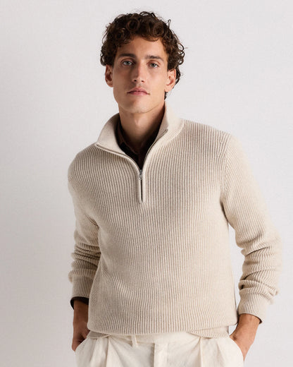 100% Organic Cotton Ribbed Quarter-Zip Sweater - S / Navy