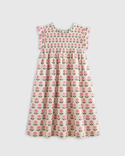 100% Organic Cotton Poplin Smocked Flutter Sleeve Dress - 6 / Blue Ditsy Floral