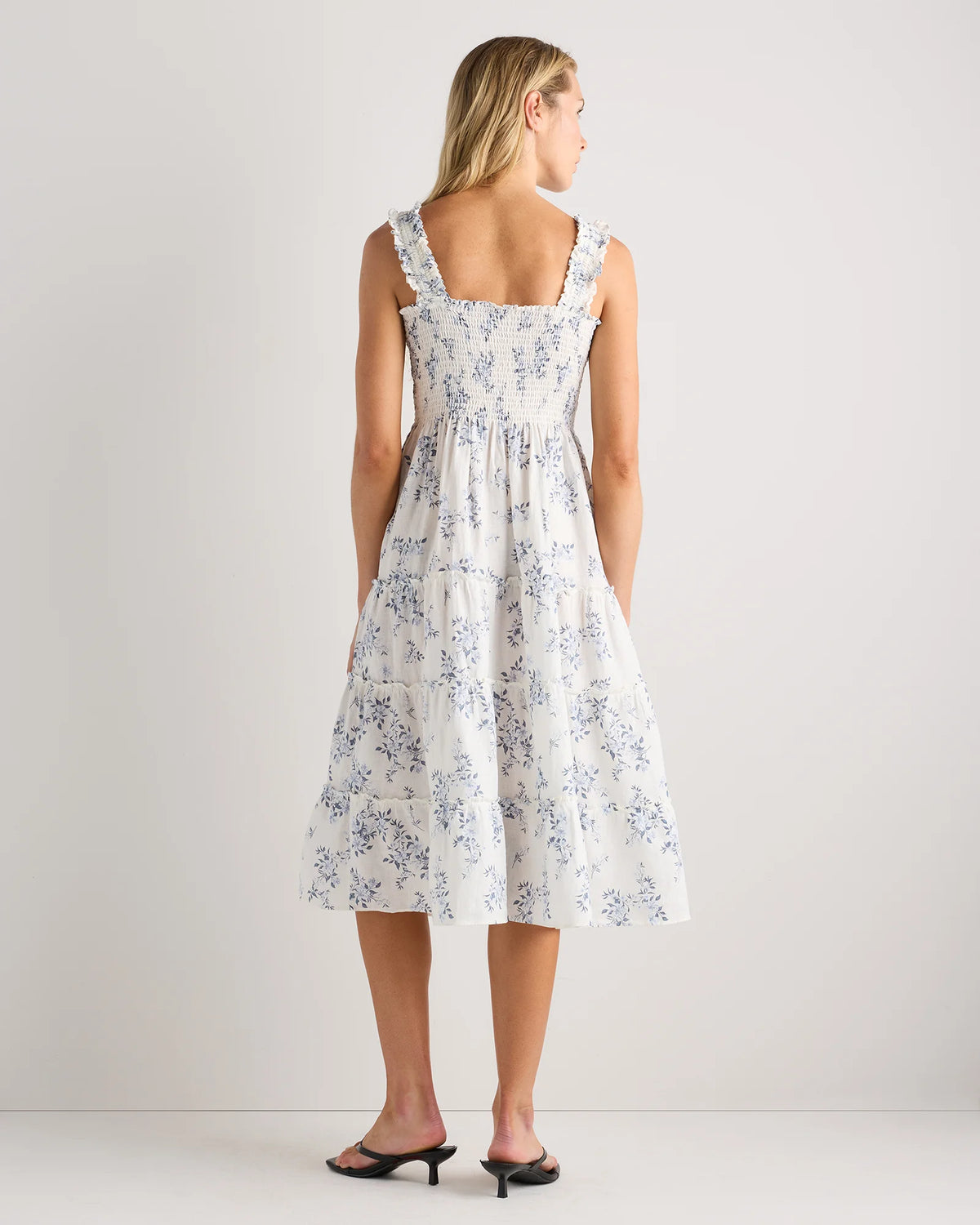 100% European Linen Smocked Midi Dress - XS / Ivory Porcelain Blue Petite Floral