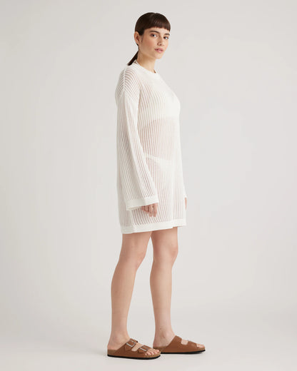 100% Organic Cotton Open-Knit Long Sleeve Cover-Up Mini Dress - XS / Beige