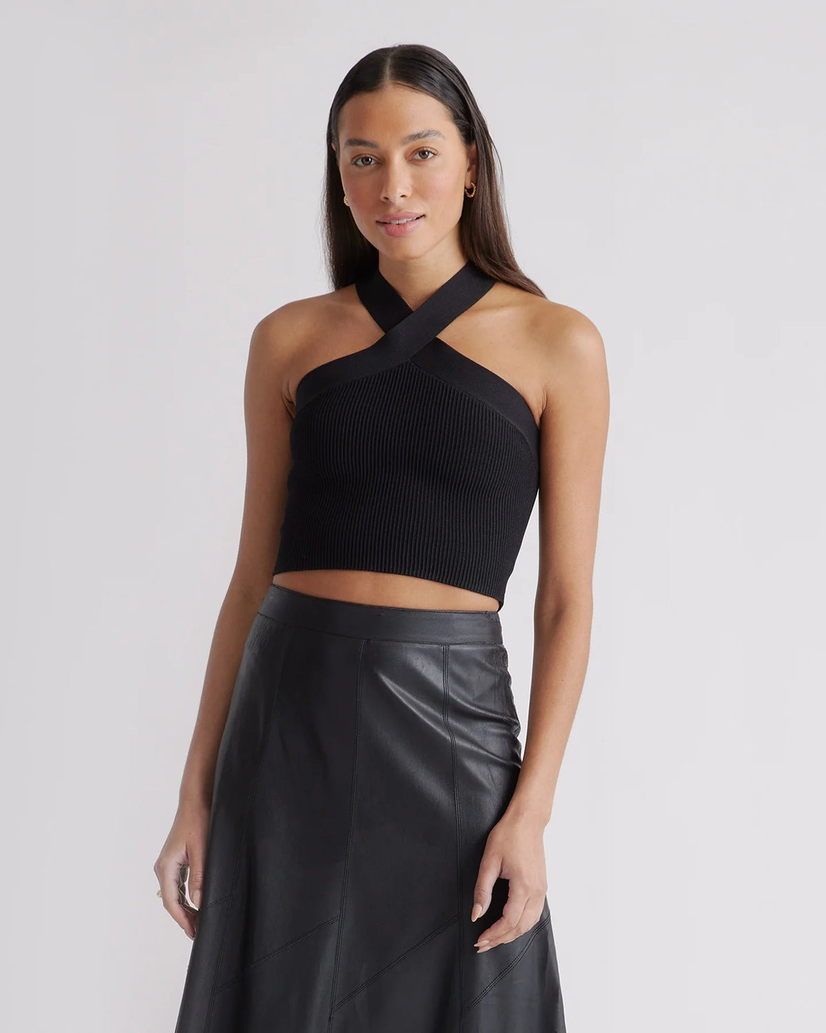 Cropped Halter Ribbed Knit Tank - XS / Black