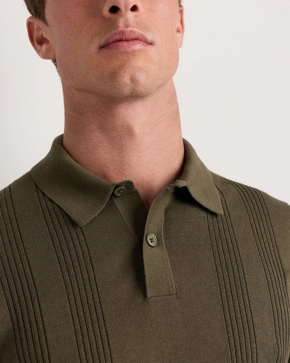 Cotton-Silk Ribbed Short Sleeve Sweater Polo - S / Speckled Beige