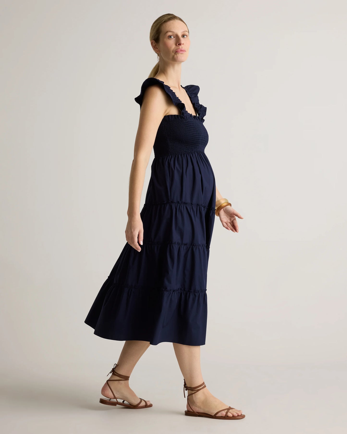 100% Organic Cotton Poplin Maternity Smocked Midi Dress - XS / Classic White