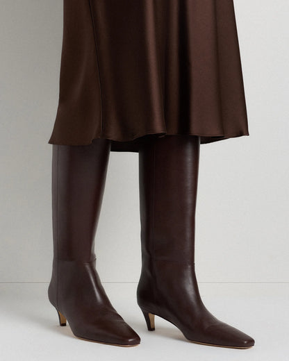 Italian Leather Tall Kitten Heel Boots - 5 / Espresso Brown