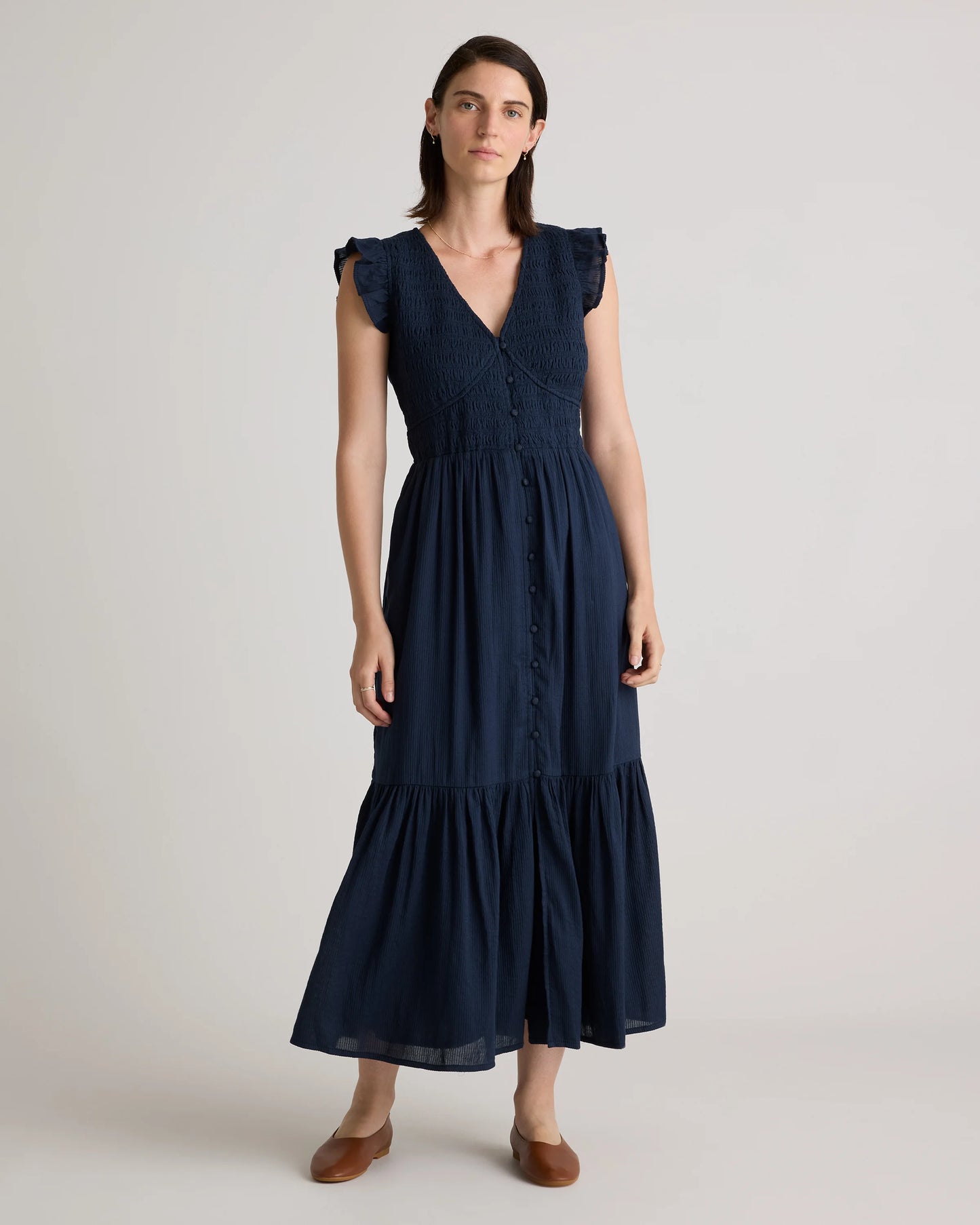 Organic Textured Cotton Smocked V-Neck Midi Dress - XS / Pale Custard Yellow