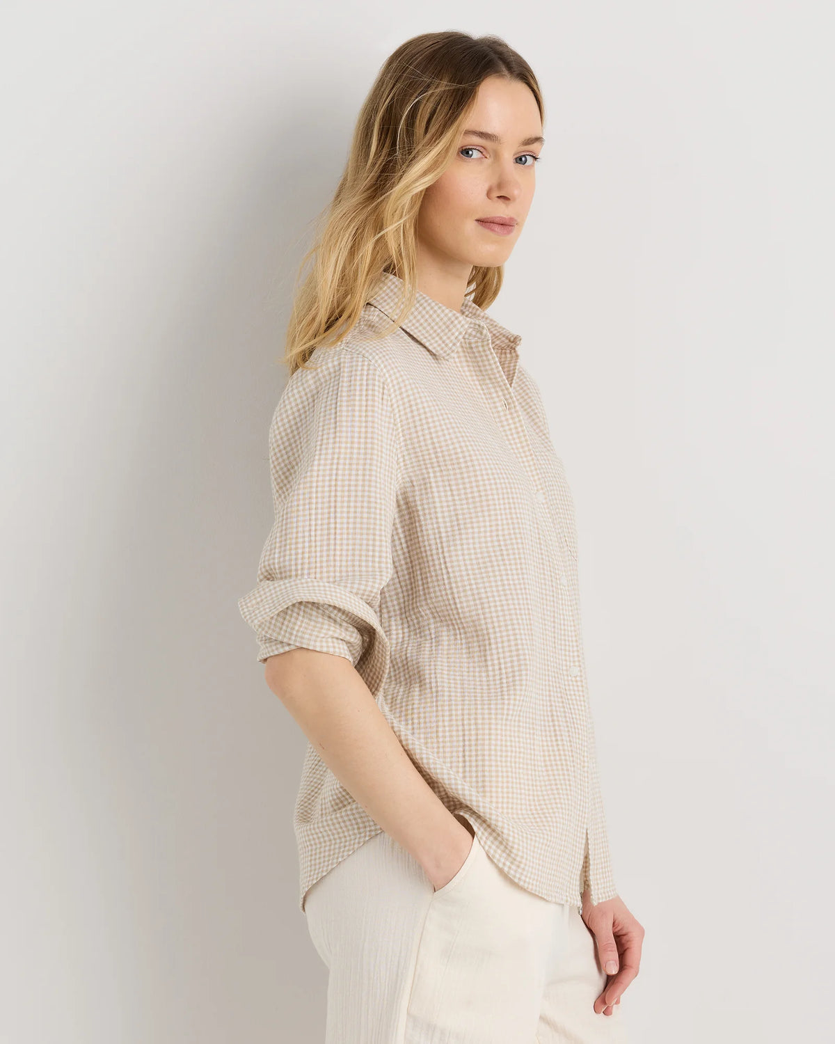 100% Organic Cotton Gauze Long Sleeve Shirt - XS / Khaki Gingham