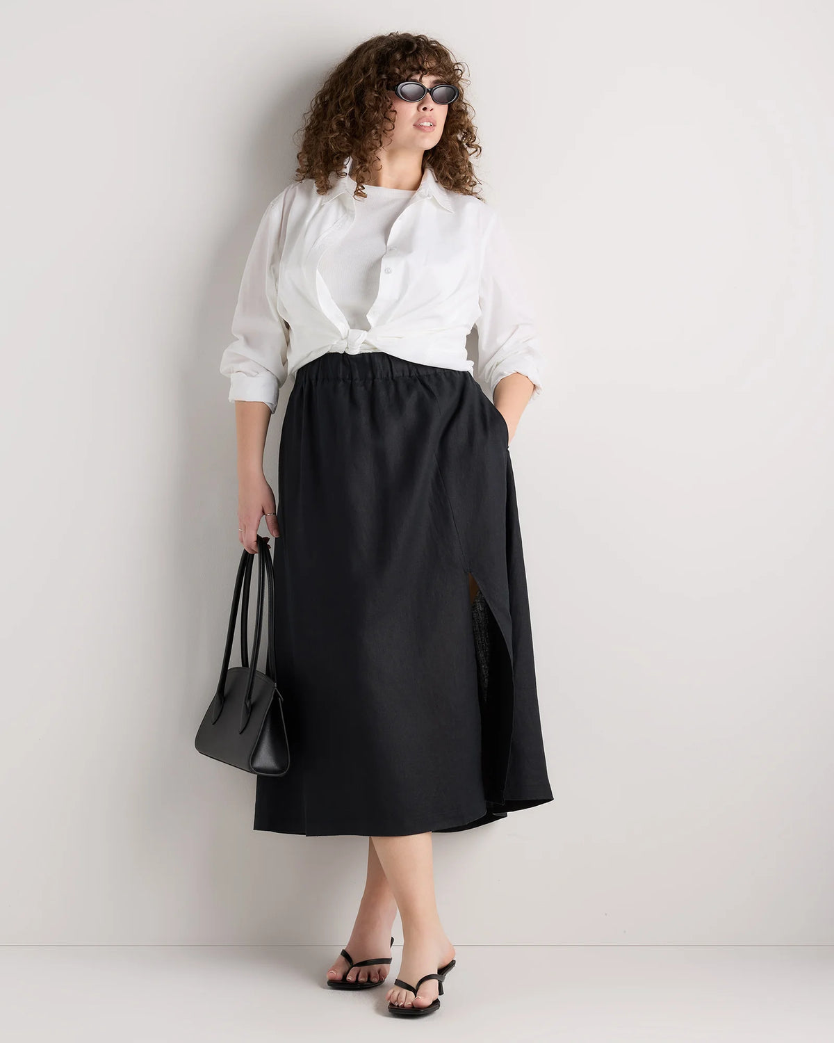 100% European Linen Maxi Skirt - 1X / Black
