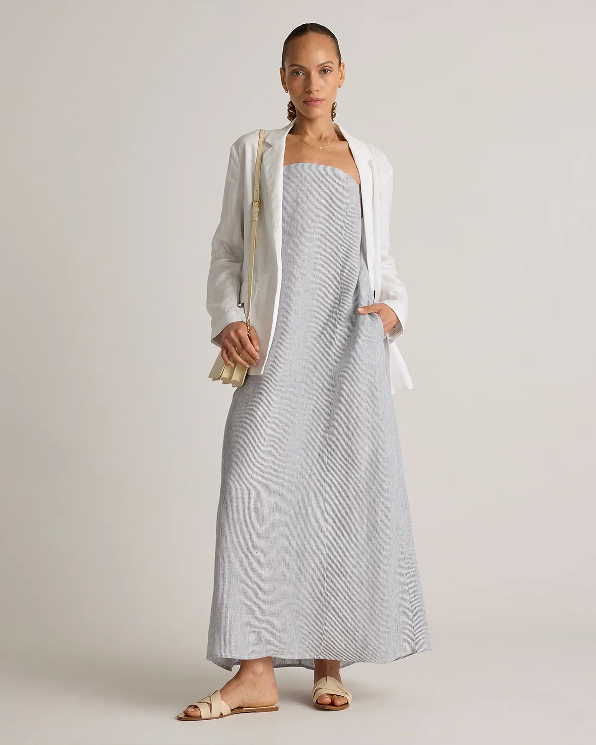 100% European Linen Strapless Maxi Dress - XS / Brick Red Heirloom Floral