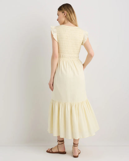 Organic Textured Cotton Smocked V-Neck Midi Dress - XS / Pale Custard Yellow