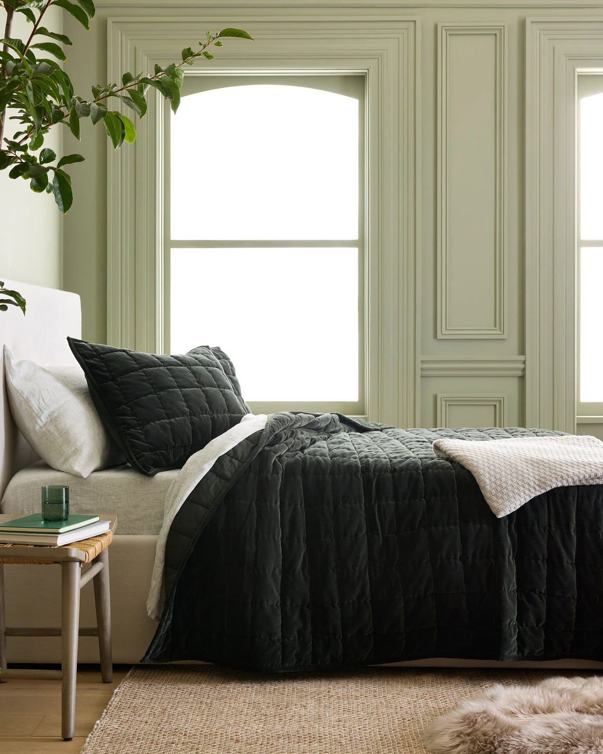 Cotton Velvet Box Quilt Set - Full/Queen / Forest Green