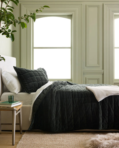 Cotton Velvet Box Quilt Set - Full/Queen / Forest Green