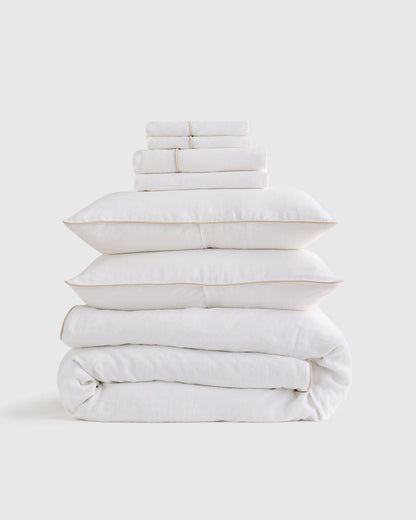 European Linen Piped Deluxe Bedding Bundle - Twin / White/Cherry