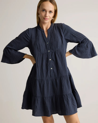100% Organic Cotton Gauze Long Sleeve Tiered Mini Dress - XS / Amaranth Pink
