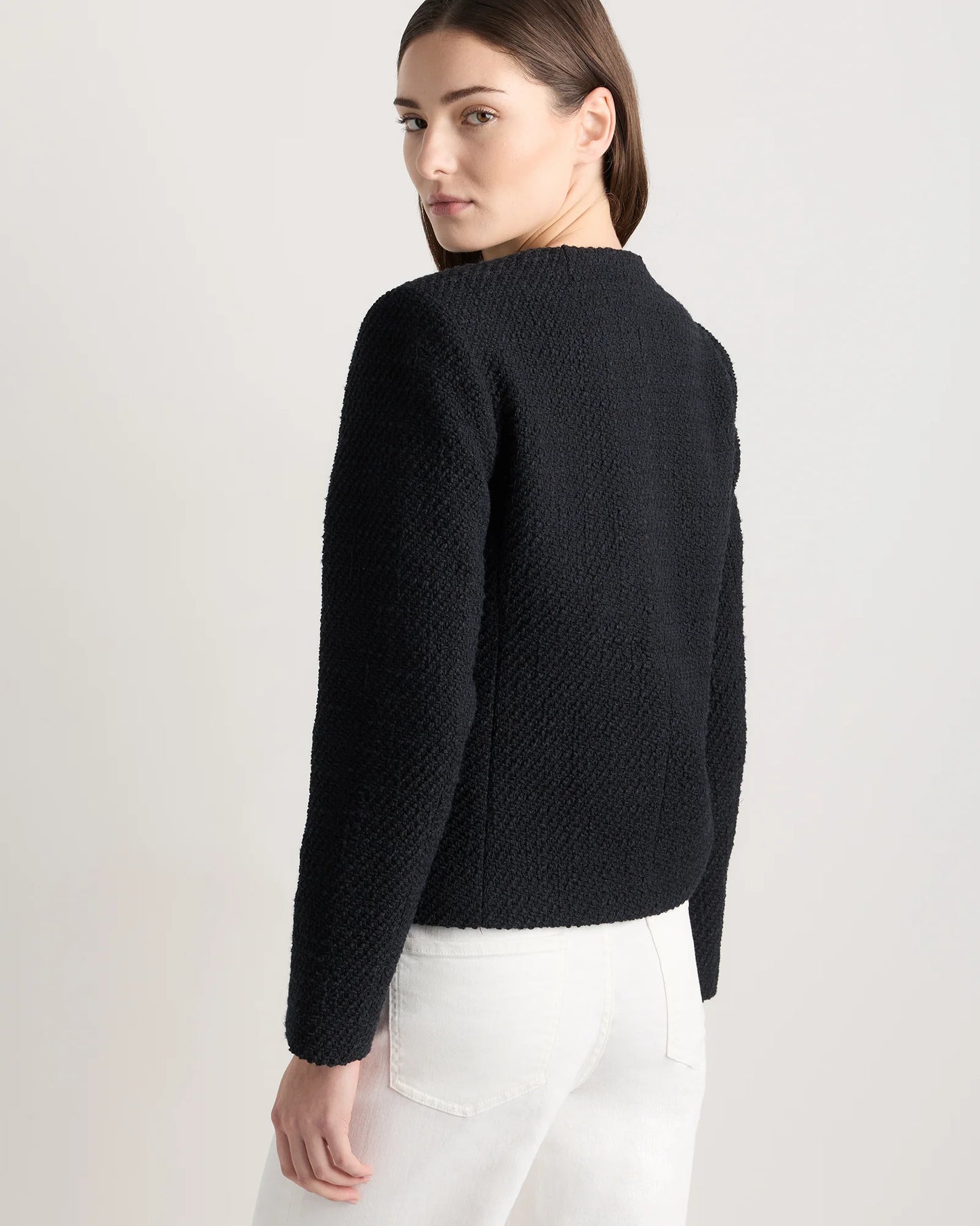 Tweed Collarless Jacket - XS / Deep Navy