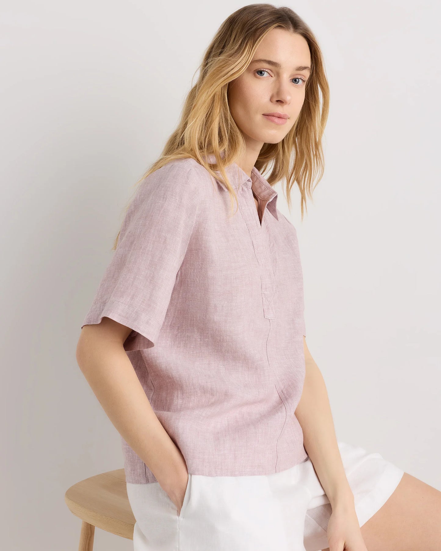 100% European Linen Short Sleeve Popover Top - XS / Blue Pinstripe
