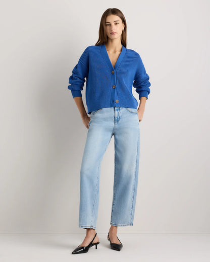 100% Organic Cotton Fisherman Boxy Cropped Cardigan - XS / Sapphire Blue