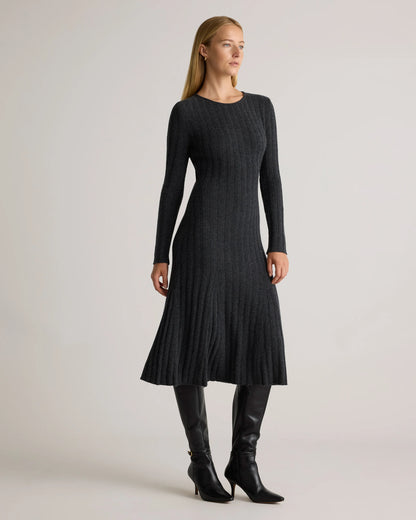 Mongolian Cashmere Wide-Rib Midi Dress - XS / Black