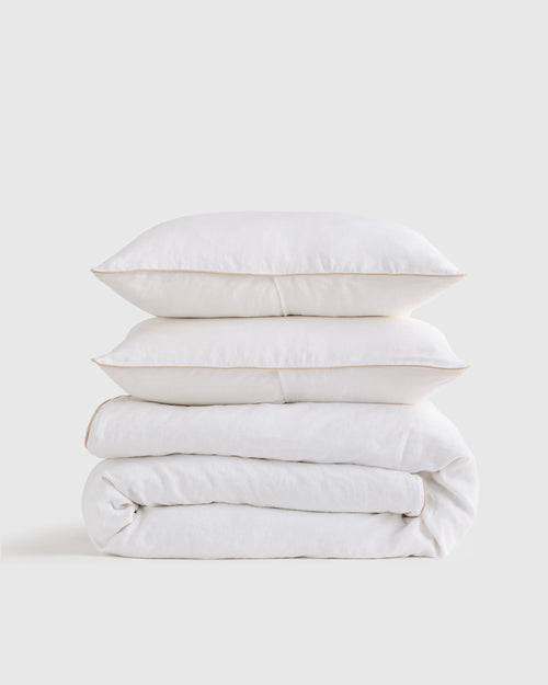 European Linen Piped Duvet Cover Set - Twin / White/Cherry