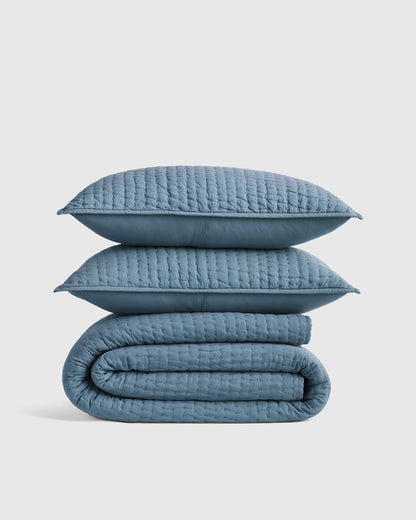 European Linen Cotton Stitch Quilt Set - Twin / Stone