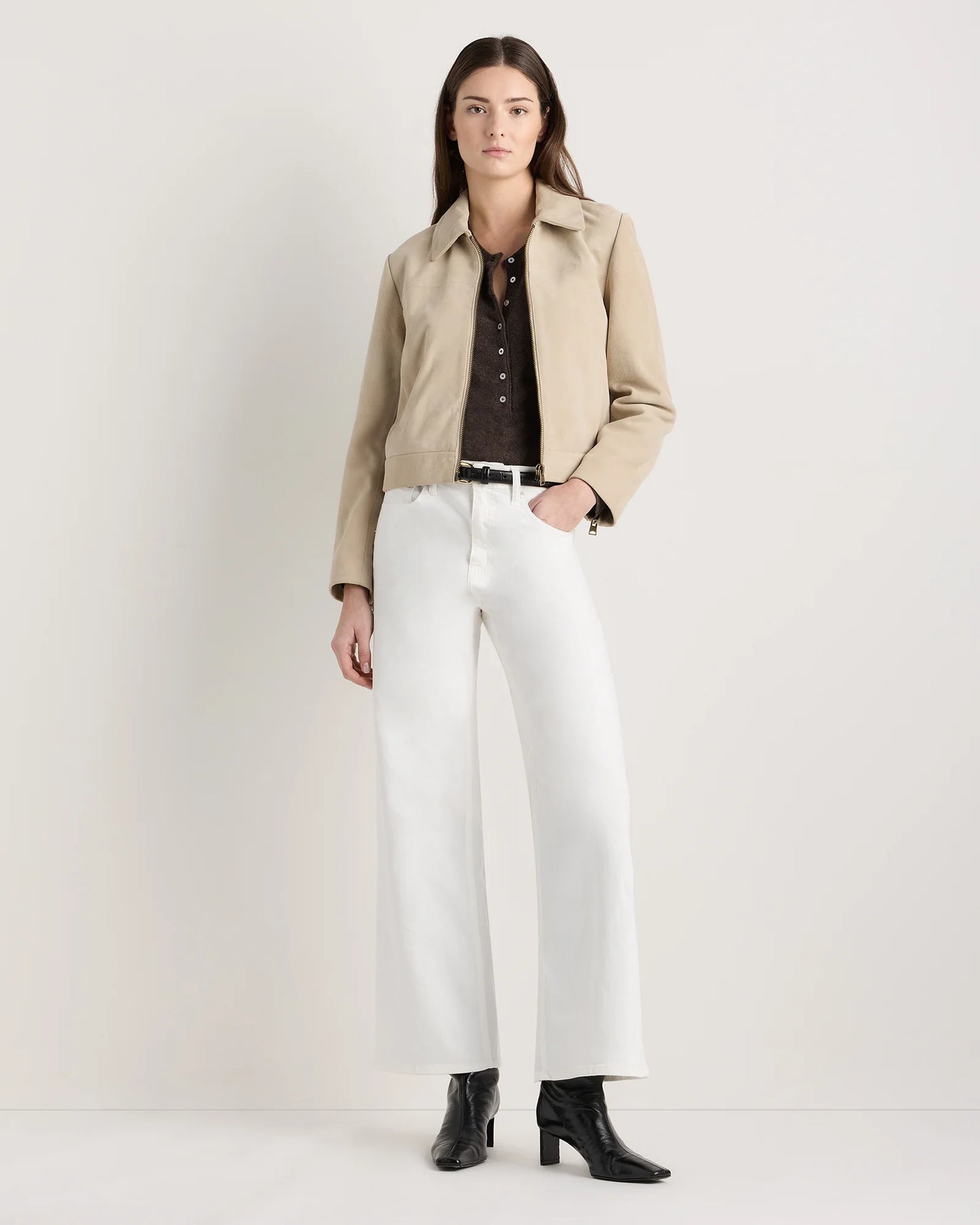 100% Suede Cropped Zip-Front Jacket - XS / Light Sand Beige