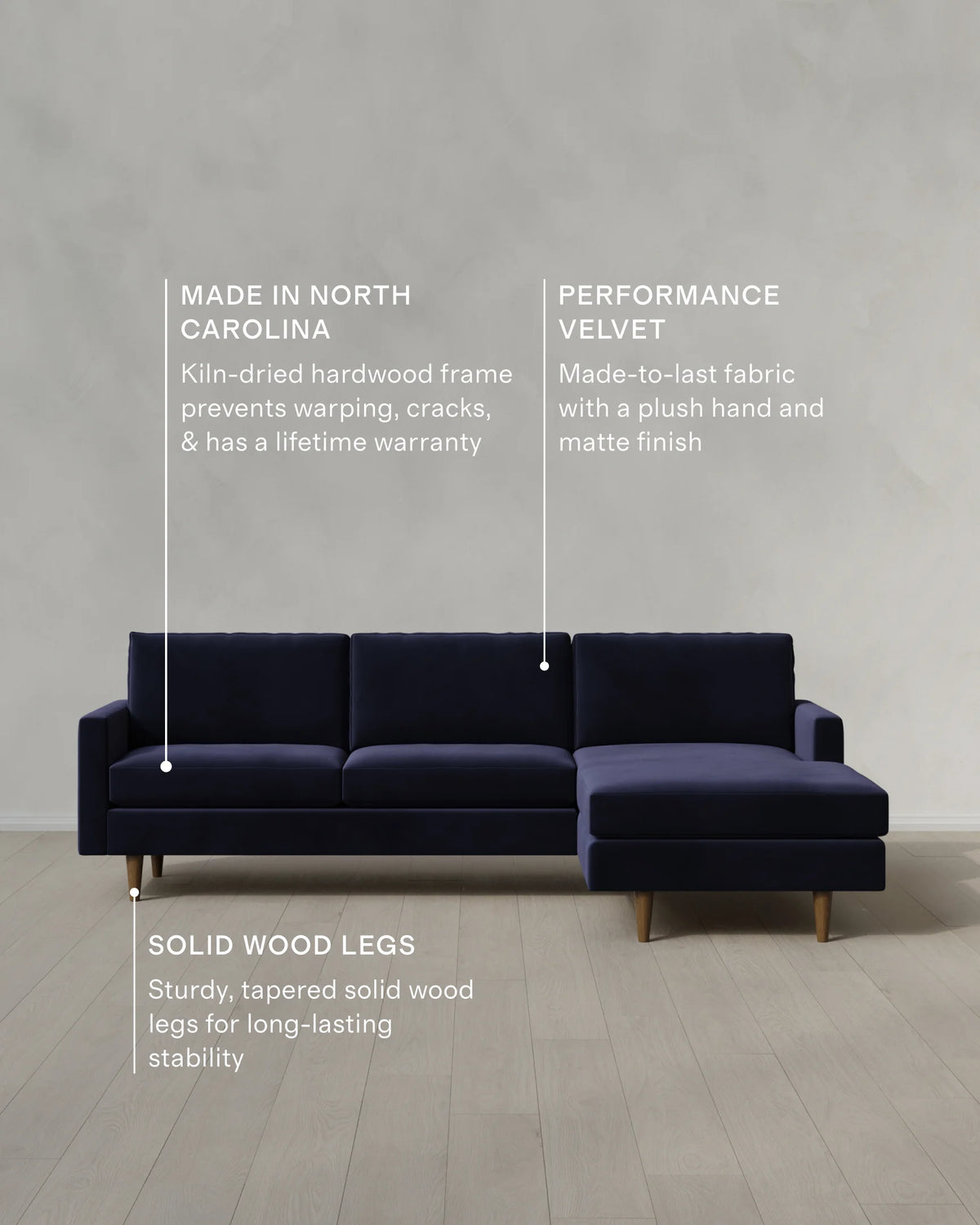 Atlas Midcentury Chaise Sectional in Performance Velvet - 106" Right Arm / Pine