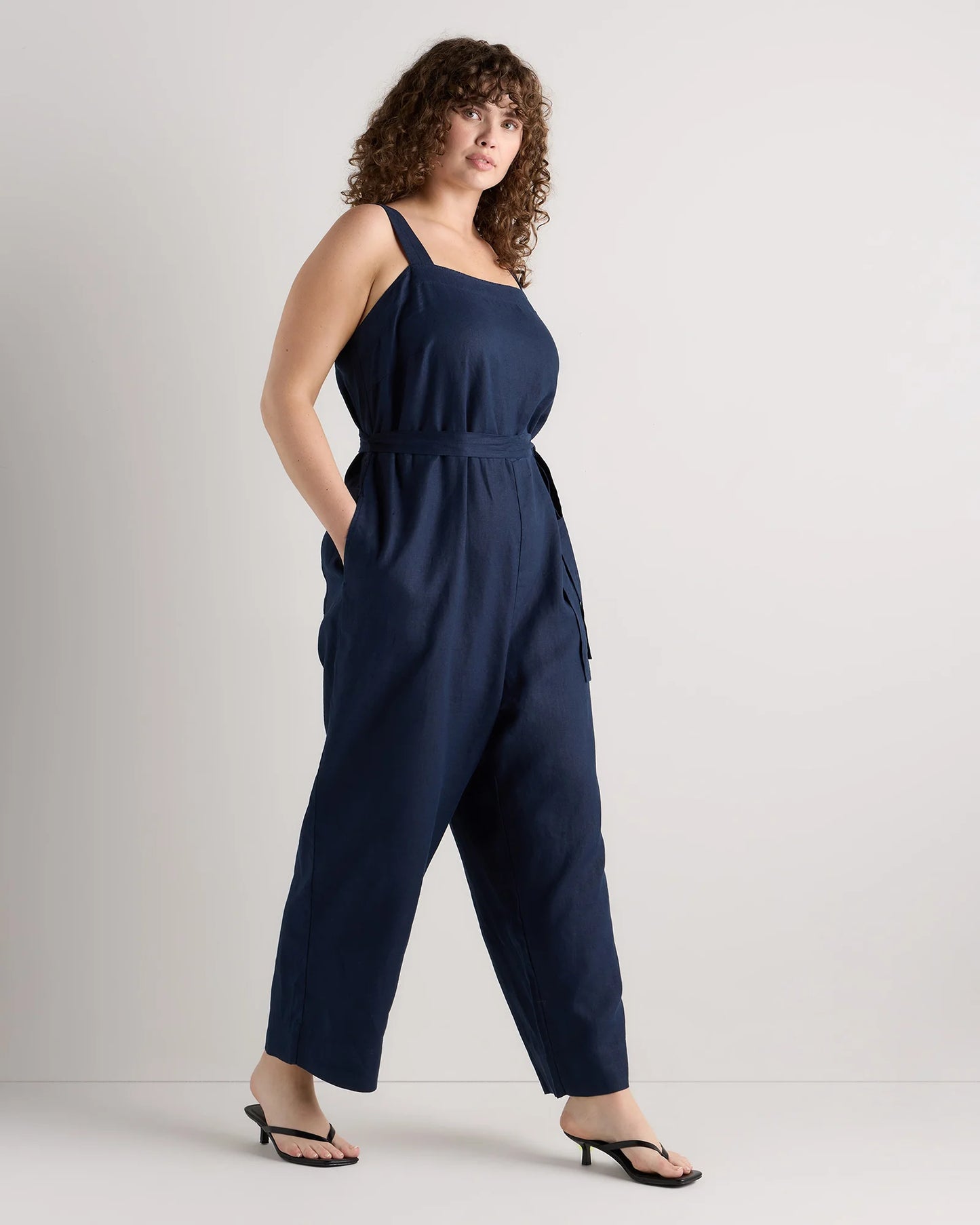 100% European Linen Square Neck Jumpsuit - 1X / Deep Navy