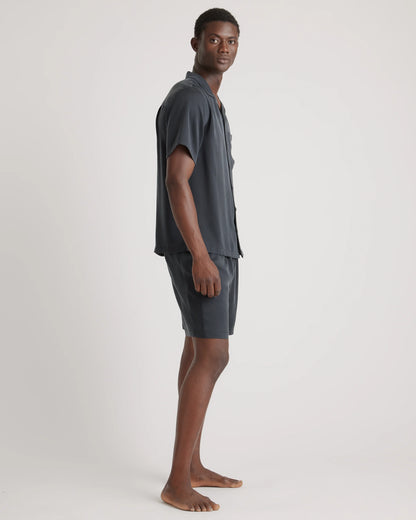 100% Washable Silk Button Down Short Set - S / Black