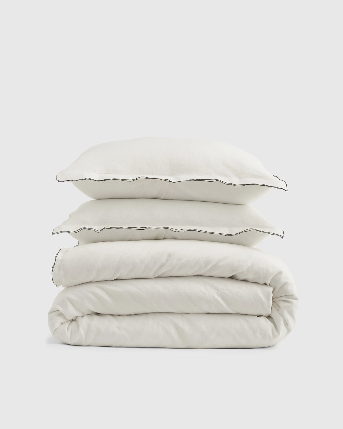 European Linen Double Embroidered Edge Duvet Cover Set - Twin / Sand with Terracotta Embroidery