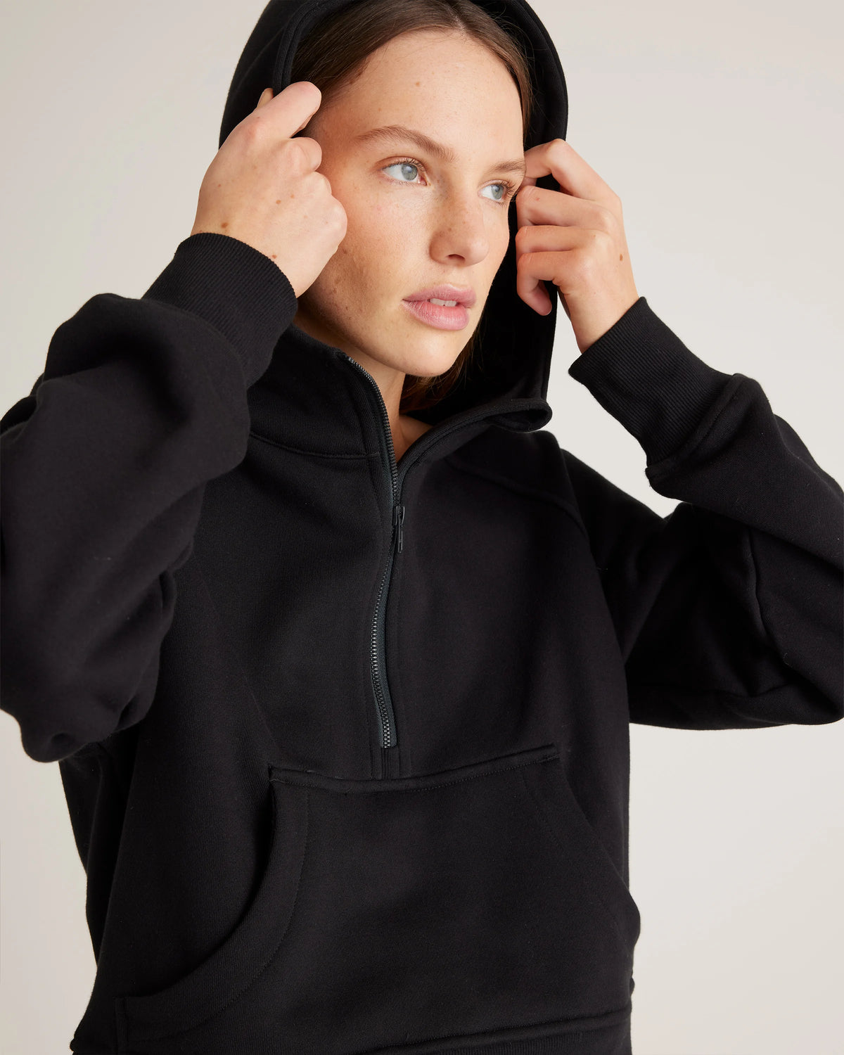 Organic Heavyweight Fleece Cropped Half Zip Hoodie - XS / Taupe