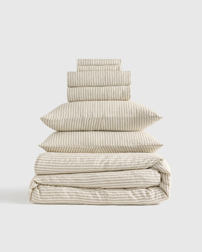 European Linen Deluxe Bedding Bundle - Twin / Willowleaf/White Stripe