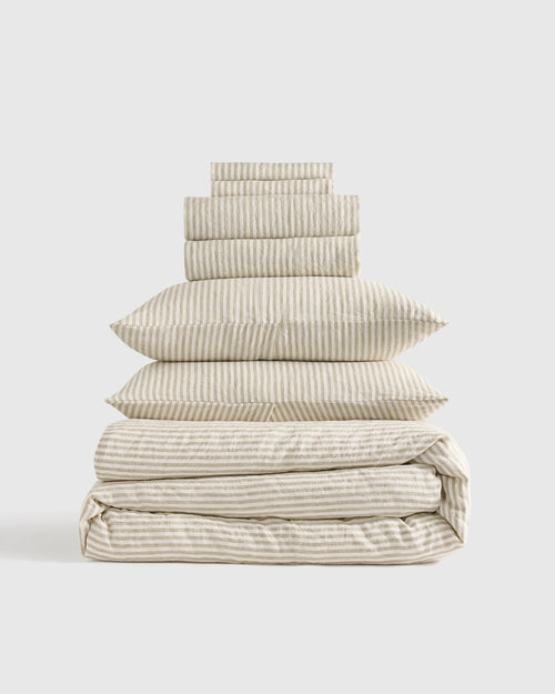 European Linen Stripe Deluxe Bedding Bundle - Twin / Willowleaf/White Stripe