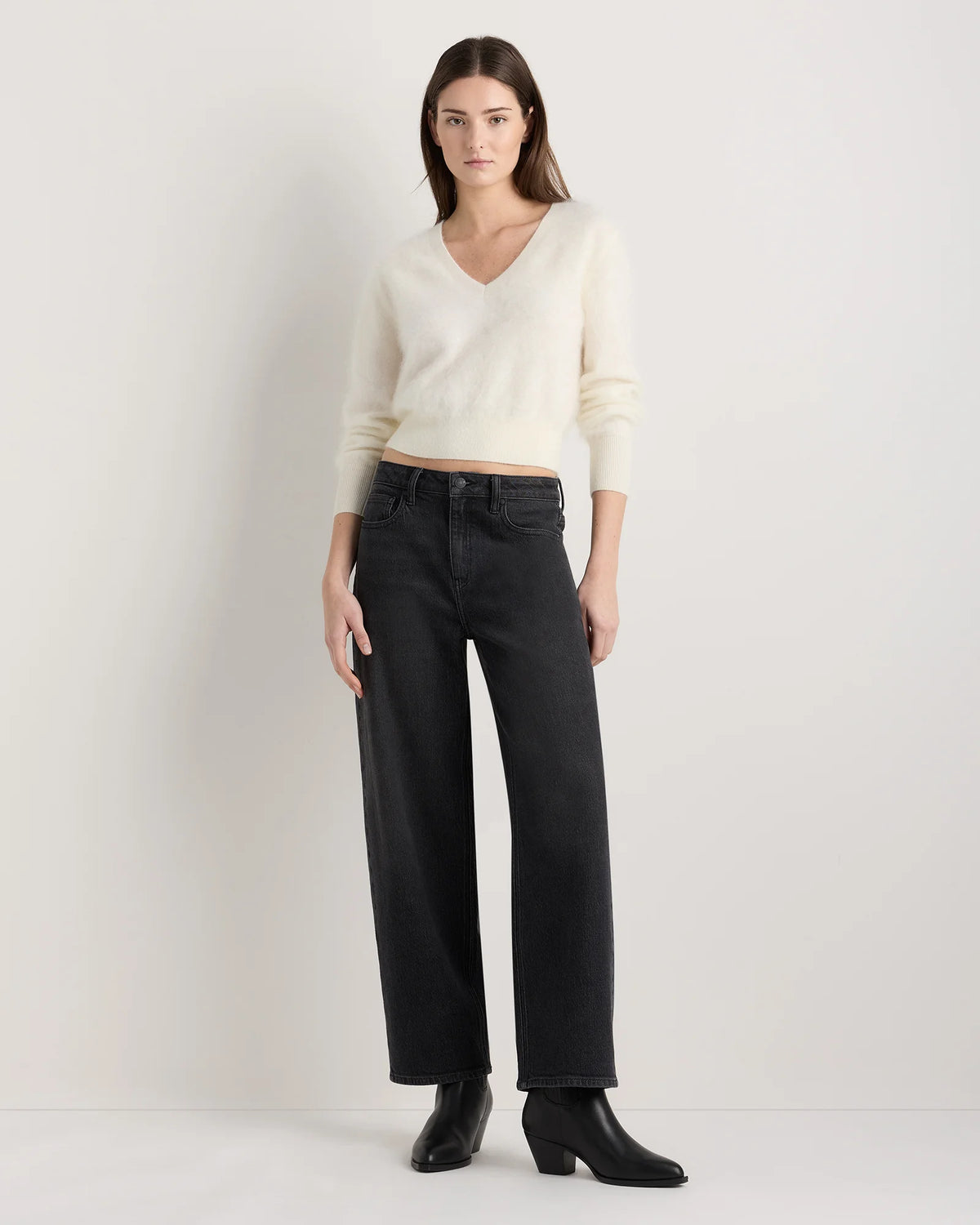 Brushed Cashmere Shrunken V-Neck Sweater - XS / Heather Grey