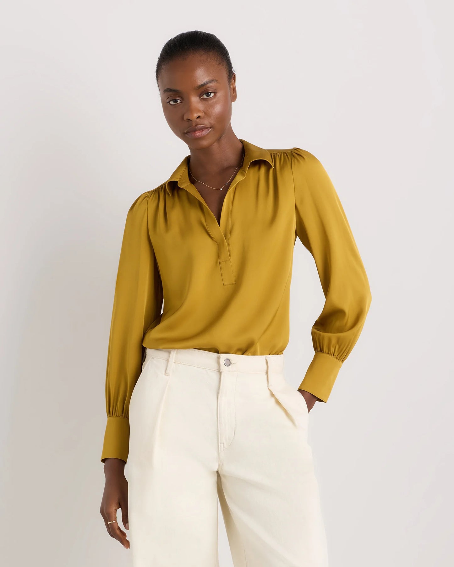 Washable Stretch Silk Split Neck Blouse - XS / Forest Green
