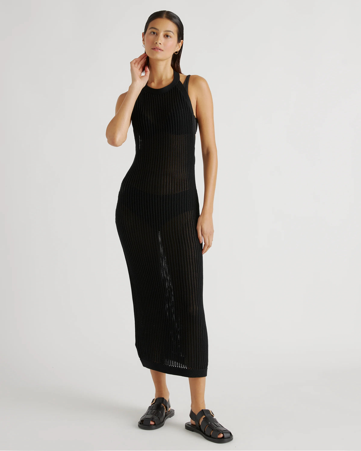 100% Organic Cotton Open-Knit Cover-Up Maxi Dress - XS / Beige