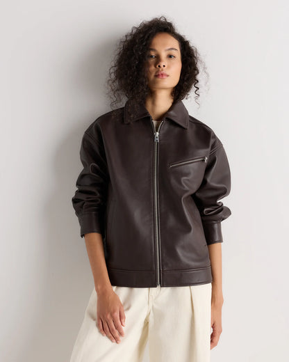100% Leather Oversized Bomber Jacket - XS / Rich Brown